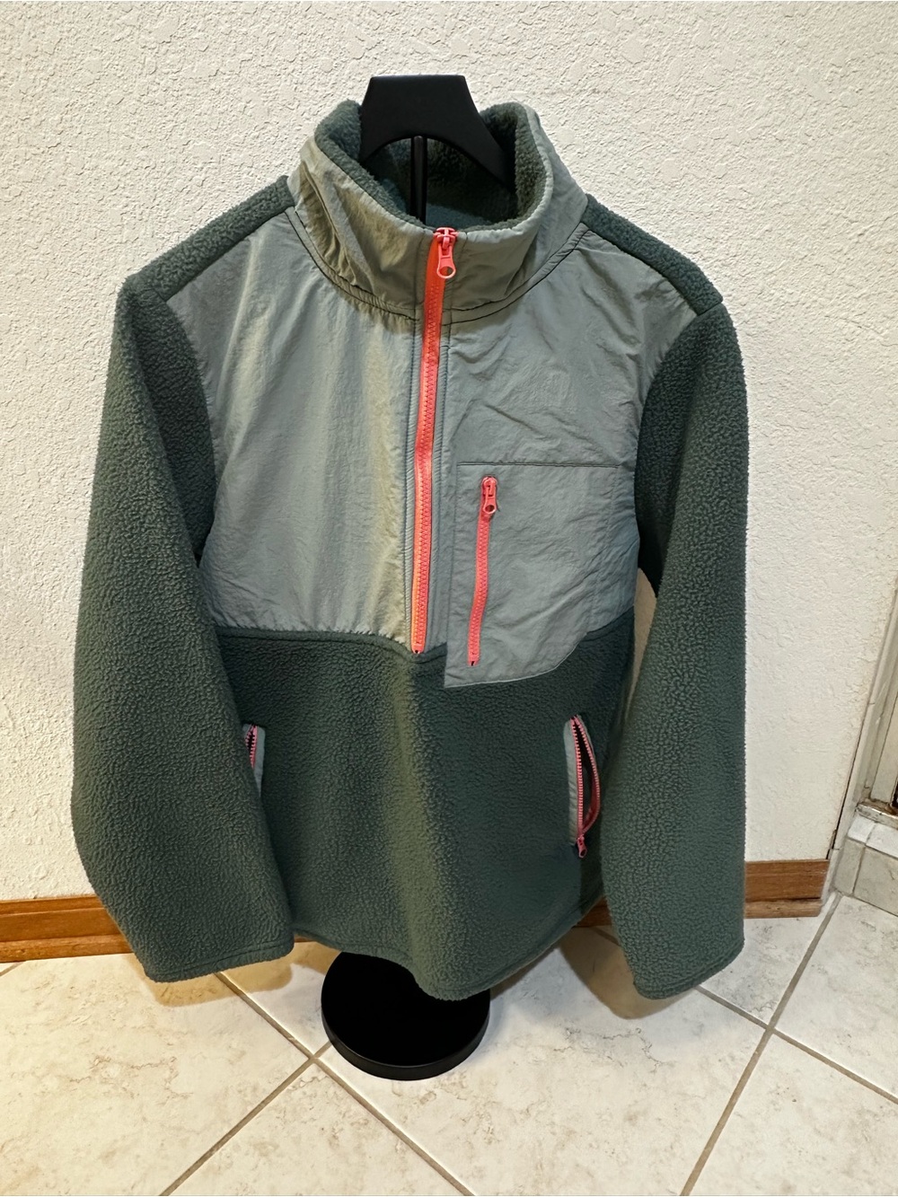 Women’s Olive Green Half-Zip Fleece Pullover with Coral Zippers